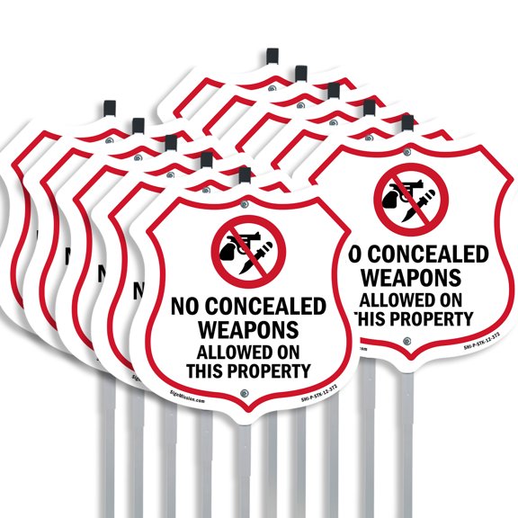 Concealed Carry Shield Sign No Concealed Weapons Allowed On This Property (10 Pack) 12 inch X 12 inch Shield Shaped Rust-Free Aluminum Metal Signs with Aluminum Mounting Stakes Weather
