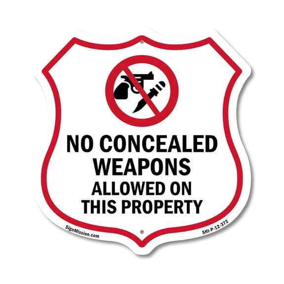 Concealed Carry Shield Sign No Concealed Weapons Allowed On This Property 12 inch X 12 inch Shield Shaped Commercial Grade Plastic Sign Weather Resistant, UV Protected Made in the USA