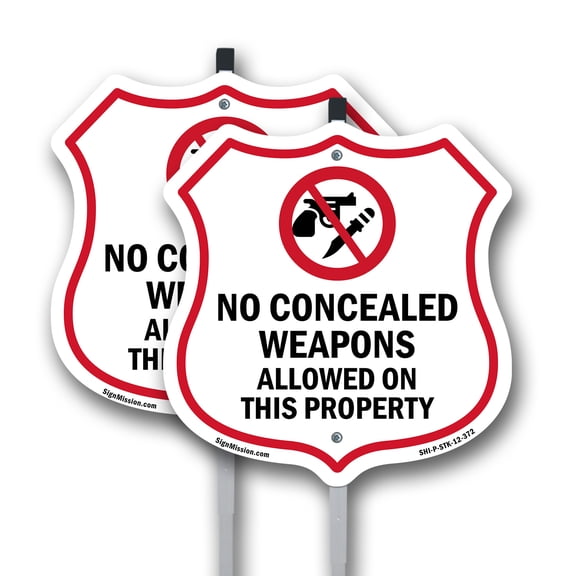 Concealed Carry Shield Sign No Concealed Weapons Allowed On This Property (2 Pack) 12 inch X 12 inch Shield Shaped Rust-Free Aluminum Metal Signs with Aluminum Mounting Stakes Weather