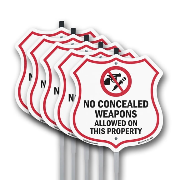 Concealed Carry Shield Sign No Concealed Weapons Allowed On This Property (5 Pack) 12 inch X 12 inch Shield Shaped Rust-Free Aluminum Metal Signs with Aluminum Mounting Stakes Weather