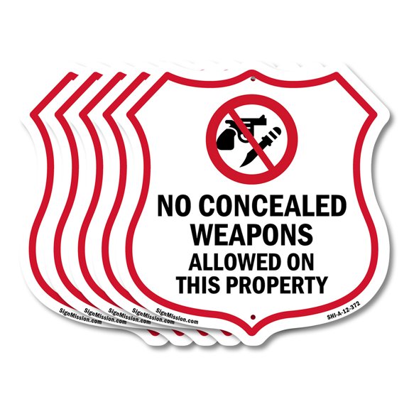 Concealed Carry Shield Sign No Concealed Weapons Allowed On This Property (5 Pack) 12 inch X 12 inch Shield-Shaped Rust-Free Aluminum Metal Signs Weather Resistant, UV Protected Made in