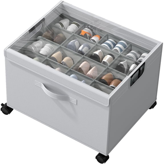 Shoe Organizer for Closet, Foldable Shoe Storage Organizer Box with Wheels and Adjustable Dividers, Sturdy Metal Frame Fits up to 16-32 Pairs, Large Shoes Storage with Clear Cover
