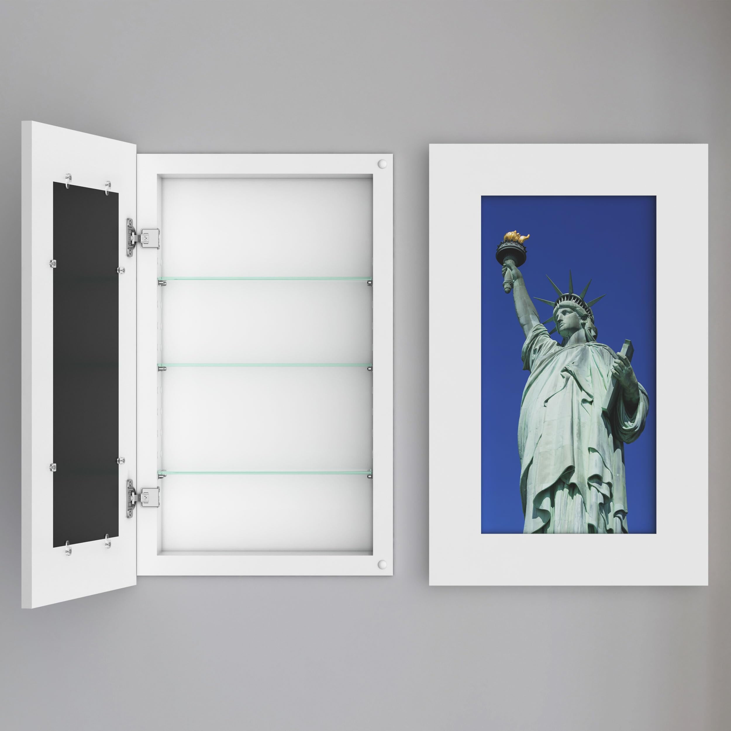 White Recessed Medicine Cabinet with Picture Frame and Glass Shelves