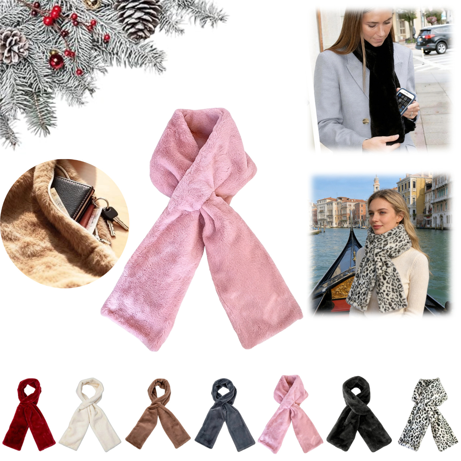 Concealed Pocket Scarf, Faux Fur Scarf With Hidden Zipper Pocket, Cozy ...