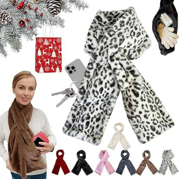 Concealed Pocket Scarf, Faux Scarf With Hidden Zipper Pocket, Cozy Wrap Secure Concealed Storage, for Phone Keys(Leopard Print)