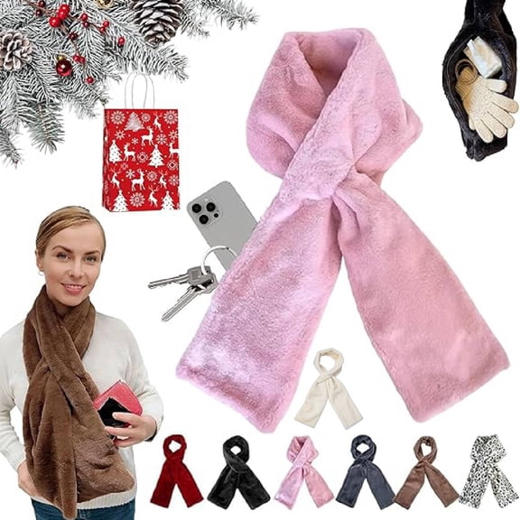 Concealed Pocket Scarf, Faux Scarf With Hidden Zipper Pocket, Cozy Wrap Secure Concealed Storage, for Phone Keys(Pink)