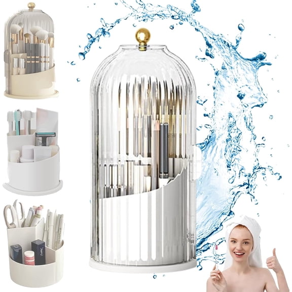Concealed Toothbrush Holder, Bathroom Organizer Countertop with Sliding Lid, 360 Rotating Waterproof Dustproof Covered Makeup Brush Holder (White)