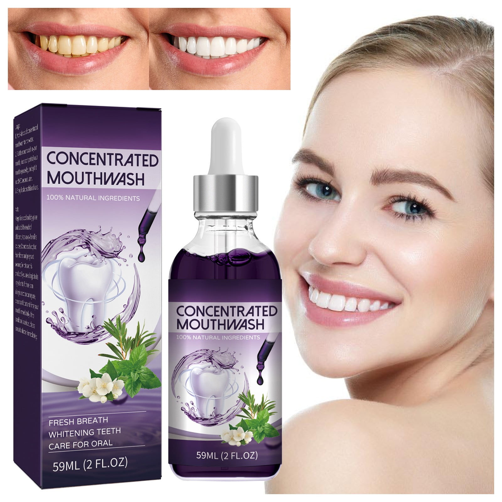 Concentrated Mouthwash with Dispenser Dropper Inhibit Oral Bacteria Whitening Teeth Keep Breath Fresh All Plant Formula 2 Fl.oz