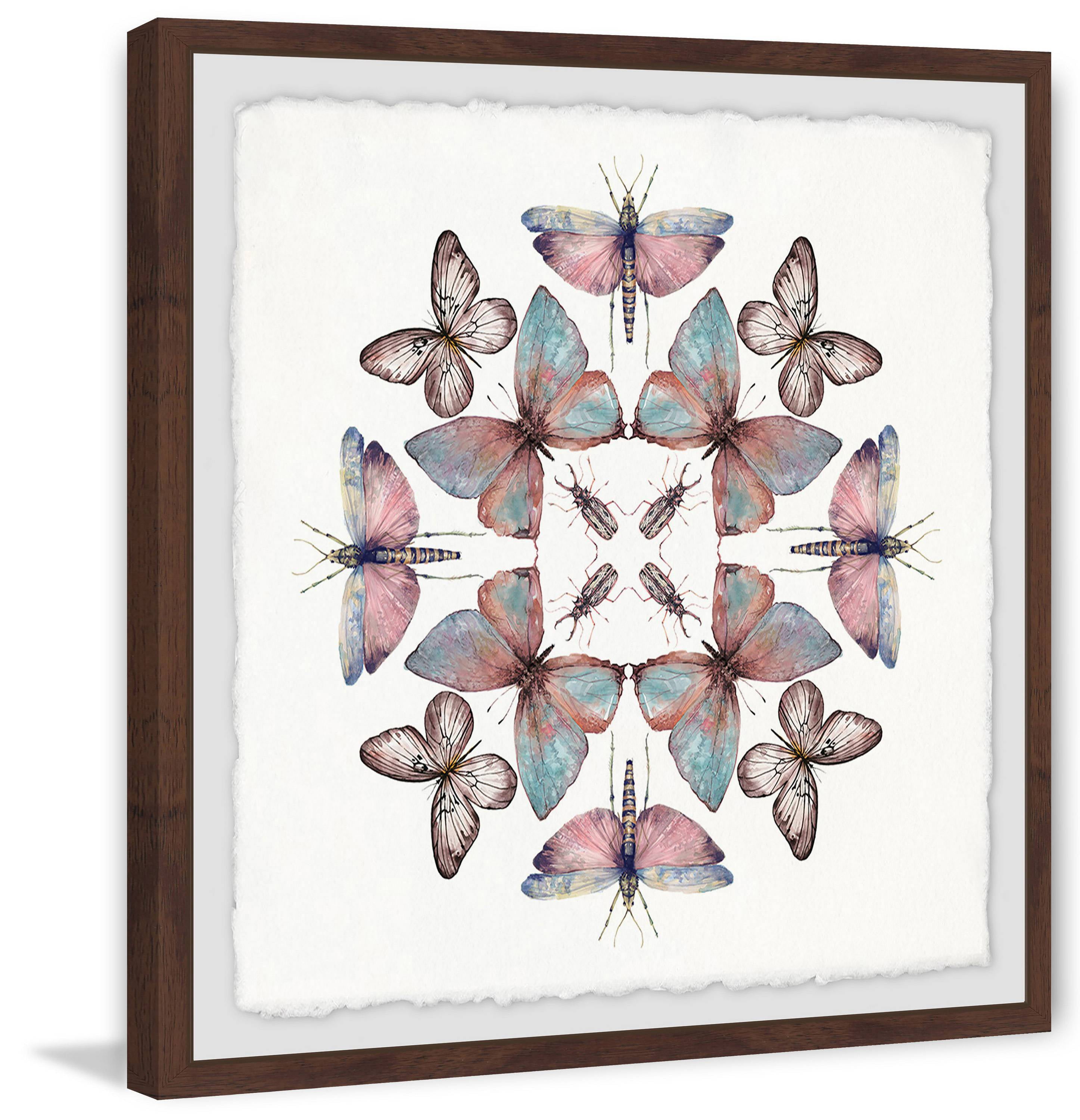 Pink and Blue Concentric Bugs Canvas Print with Brown Frame