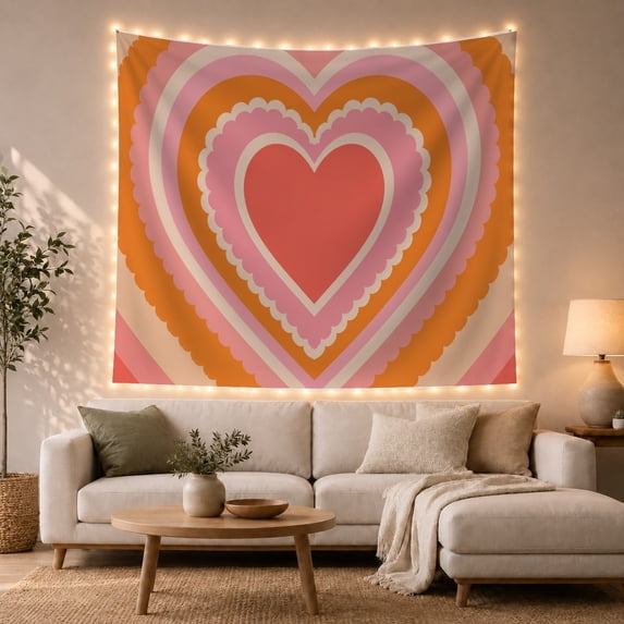 Concentric Heart in Radiating Coral and Orange Layers, Nostalgic Retro for Pop Art Lovers, Color Block Decor, Housewarming Gift, Tapestry Wall Hanging for Bedroom and Studio