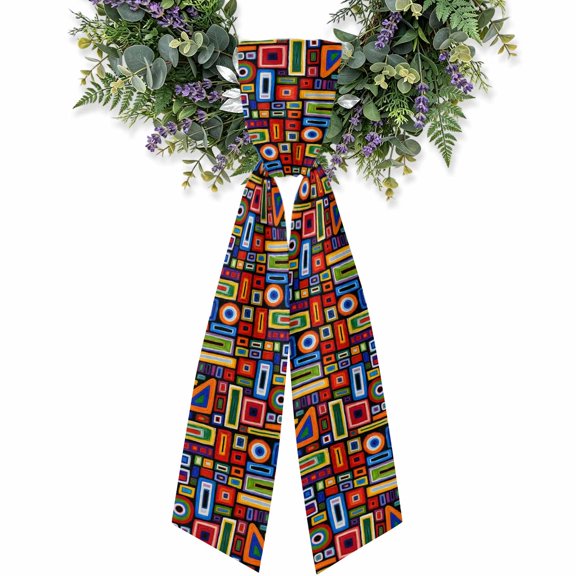 Concentric Squares Wreath Sash for Front Door, Abstract Vintage Red Blue Yellow Geometric Satin Wreath Ribbon Bow Accessory Garland Home Decor for Doorway Porch Yard 4.5x56