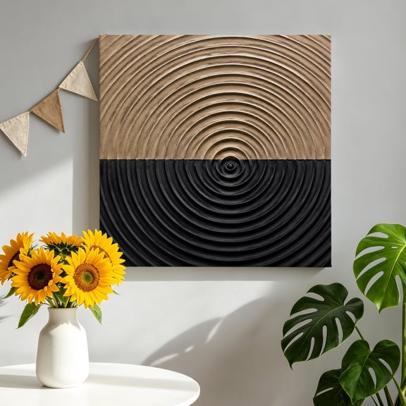 Concentric Waves Canvas Wall Art for Living Room, Minimalist Abstract Black Brown Plaster Relief Poster Print Painting for Bedroom Office Home Decoration Wall Pictures Prepare To Hang 8"x8"