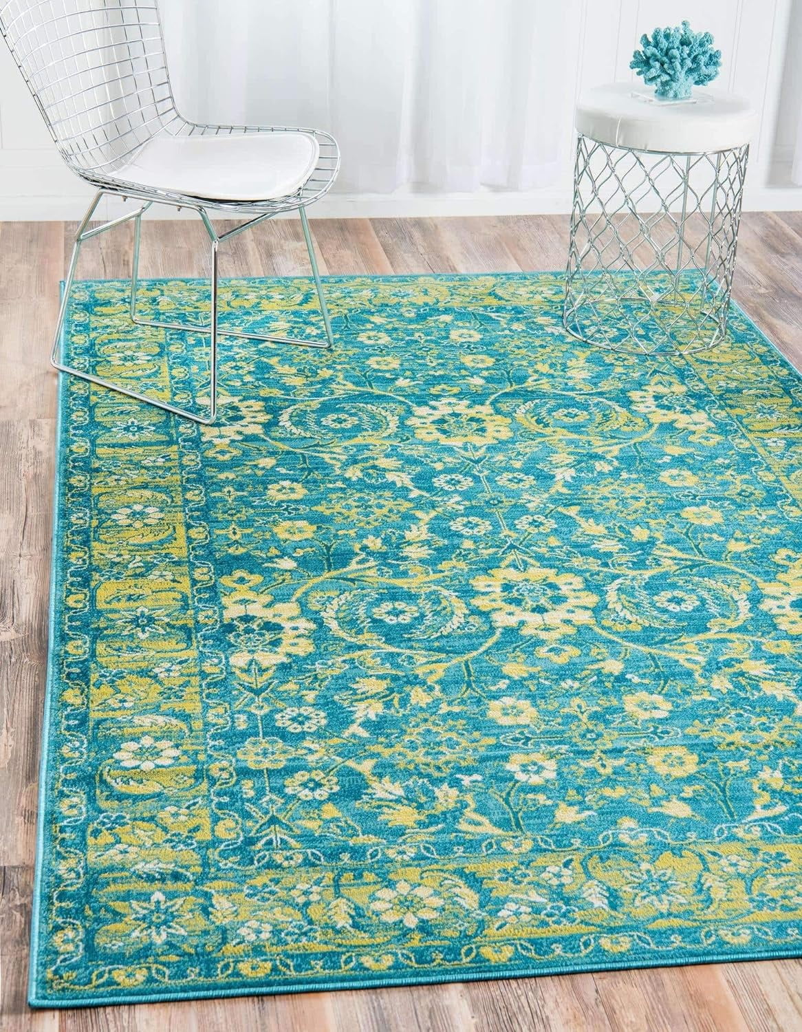 Imperial Blue Floral Border 2' x 3' Synthetic Area Rug