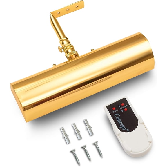 Concepdesigns Picture Light, Battery Operated Picture Light, Dimmable Wireless Picture Lights for Wall, Art Light, Library Light Battery Operated with Remote Control - 7.75 inches, Polished Brass
