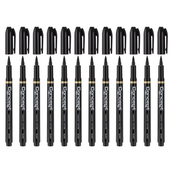 Concept Brush Pens - Permanent Art Markers with Brush Tip For Lettering, CAlligraphy, Drawing, Illustrators, Designers, Artists, & Architects - 12-Pack | Black
