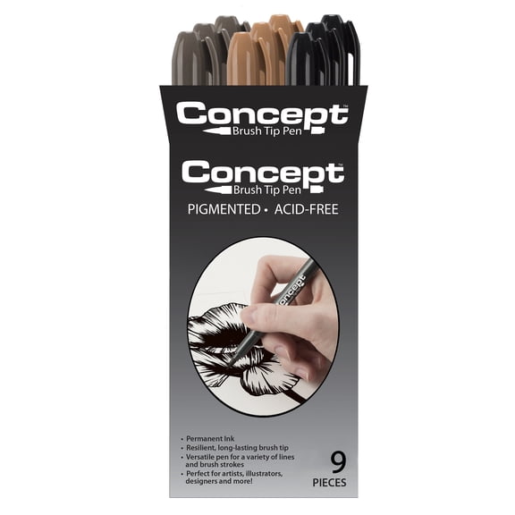 Concept Brush Pens - Permanent Art Markers with Brush Tip For Lettering, CAlligraphy, Drawing, Illustrators, Designers, Artists, & Architects - Set of 9