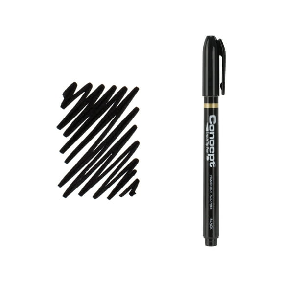 Concept Brush Pens - Permanent Art Markers with Brush Tip For Lettering, CAlligraphy, Drawing, Illustrators, Designers, Artists, & Architects - Single Pen - Black