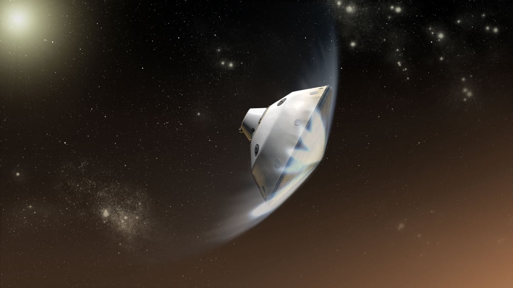 Concept of NASAs Mars Science Laboratory aeroshell capsule as it enters the Martian atmosphere Canvas Art - Stocktrek Images (38 x 21)
