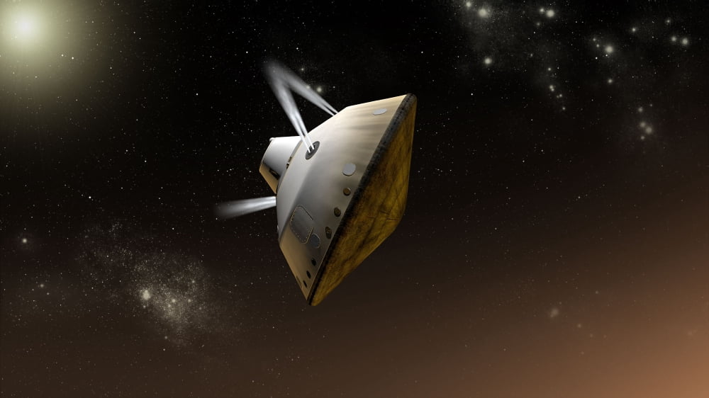 Concept of NASAs Mars Science Laboratory aeroshell capsule as it enters the Martian atmosphere Canvas Art - Stocktrek Images (38 x 21)