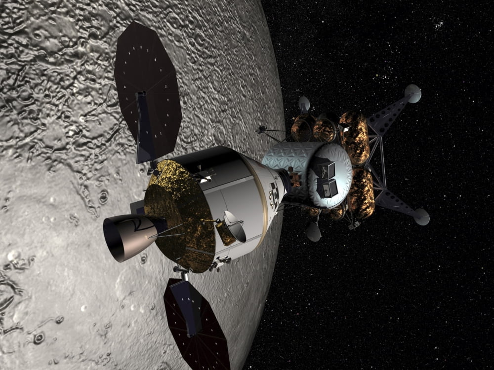 Concept of the Orion crew exploration vehicle docked to a lunar lander in lunar orbit Canvas Art - Stocktrek Images (32 x 24)