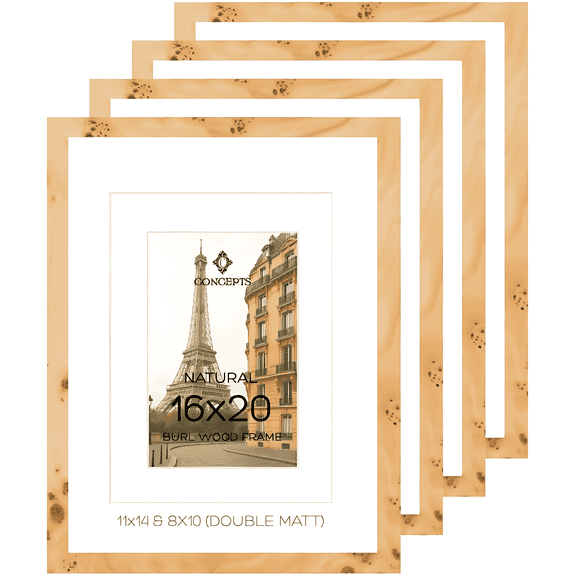 Concepts 16x20 Matted to 11x14 Frames, Set of 4 - Natural Burl Wood Picture Frames for Wall Decor, Family Photo Frames – Vertical / Horizontal