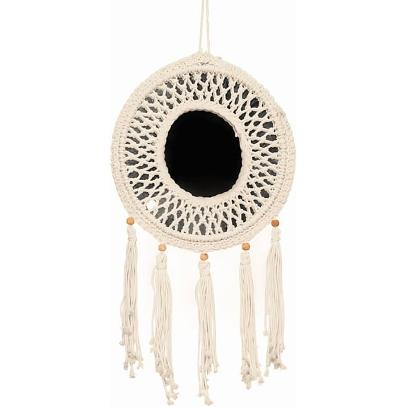 Concepts 17"x29" Handmade Macrame Wall Mirror  Round Boho Decorative Bohemian Mirror with Tassels and Wood Beads for Bedroom, Entryway, or Living Room
