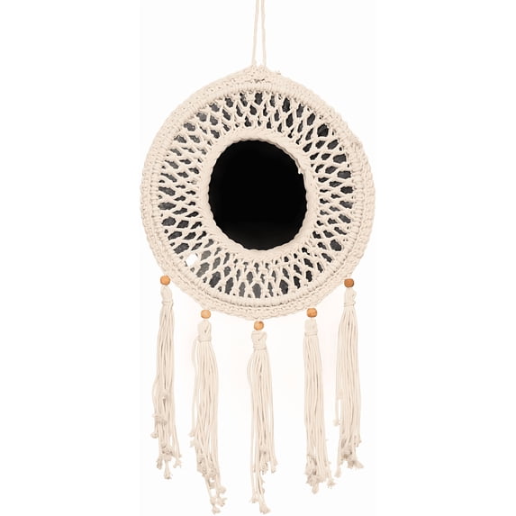 Concepts 17"x29" Handmade Macrame Wall Mirror – Round Boho Decorative Bohemian Mirror with Tassels and Wood Beads for Bedroom, Entryway, or Living Room