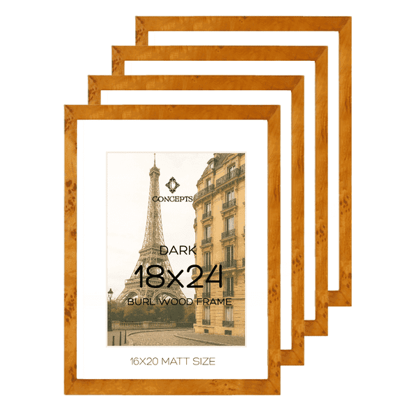 Concepts 18x24 Matted to 16x20 Picture Frames, Dark Burl Wood Photo Frames, Large Size Poster Frames (Set of 4)
