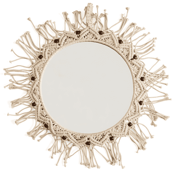 Concepts 32" Handmade Beaded Macrame Wall Mirror Natural Cotton Boho Round Decorative Mirror with Braided Loop for Bedroom, Living Room, or Entryway Modern Wall Accent