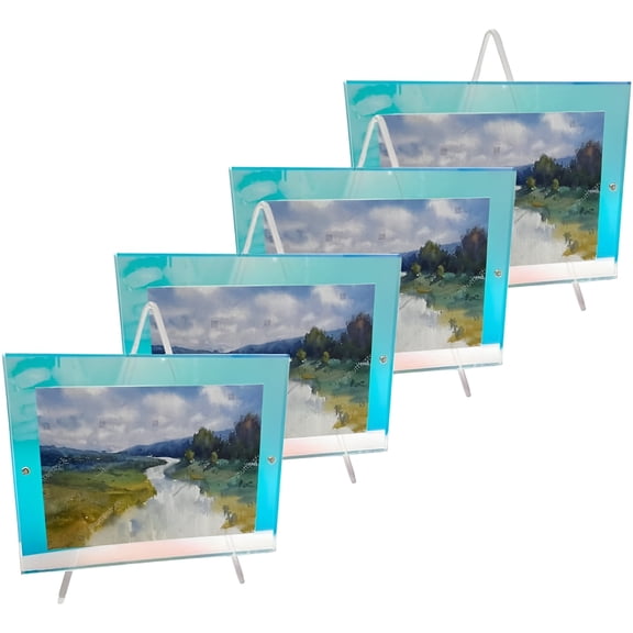Concepts 4-Pack 8×6 Blue Acrylic Floating Frames with Easel Stands | Tabletop Display for Photos, Artwork, Posters & Signs | Modern Floating Picture Frame Design