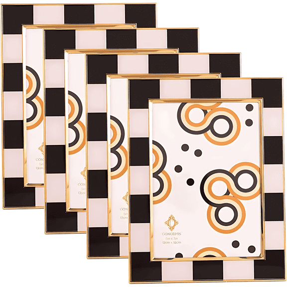 Concepts 4x6 Picture Frames Black & White Checkered Retro Gold Bordered Enameled Photo Frames with HD Clear Glass, Durable Wall or Tabletop Display Vertical/Horizontal (pack of 4)