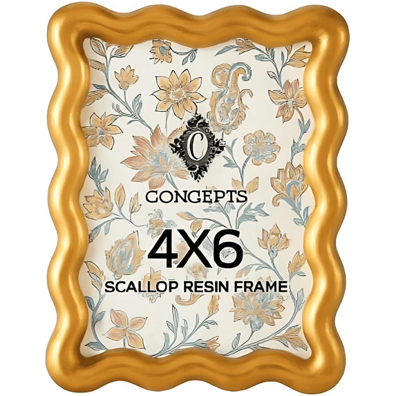 Concepts 4x6 Gold Picture Frame Scallop Resin with Tempered Glass – Decorative Photo Frame for Tabletop or Wall Display, Home Décor Family Picture Frames
