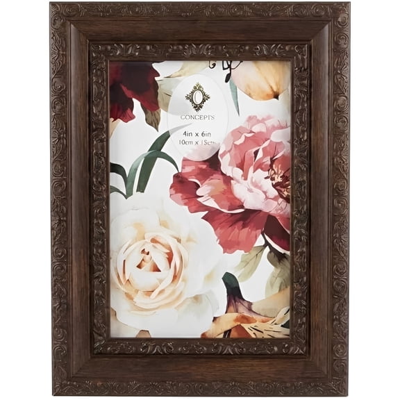 Concepts 4x6 Picture Frames, Dark Brown Ornate Flower Beveled Resin Photo Frames with HD Clear Glass