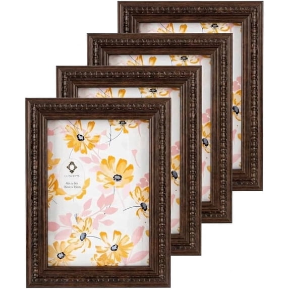 Concepts 4x6 Picture Frames, Dark Brown Ornate Vintage Photo Frames with HD Glass, Decorative Resin Frame for Wall Hanging or Tabletop Display ( set of 4 )