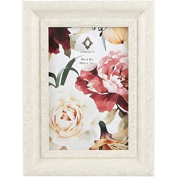Concepts 4x6 Picture Frames, Off White Ornate Flower Beveled Resin Photo Frames with HD Clear Glass