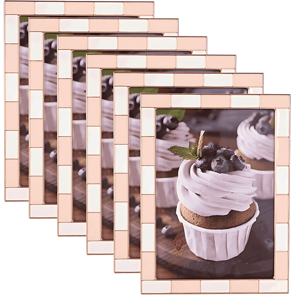 Concepts 4x6 Picture Frame Pink & White Checkered Enamel Frames with Silver Border – Retro Metal Photo Frames, HD Clear Glass, Tabletop or Wall Display (pack of 6)