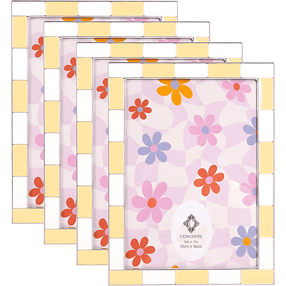 Concepts 4x6 Picture Frames Yellow & White Checkered Retro Enamel Photo Frames with HD Clear Glass, Durable Wall or Tabletop Display Vertical/Horizontal (pack of 4)