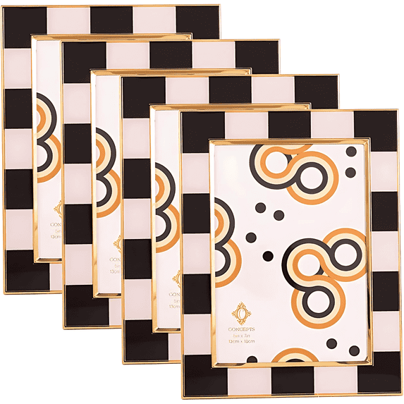 Concepts 5x7 Black & White Checkered Retro Gold Bordered Enameled Picture Frames with HD Clear Glass, Durable Wall or Tabletop Display Vertical/Horizontal (pack of 4)