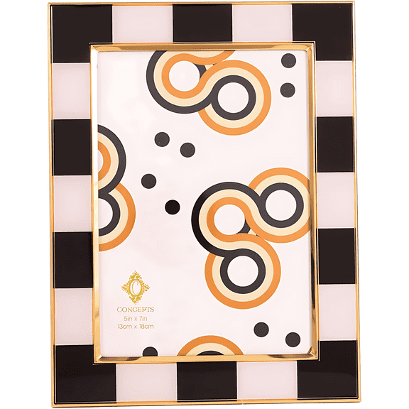 Concepts 5x7 Picture Frame Black & White Checkered Retro Gold Bordered Enameled Photo Frame with HD Clear Glass, Durable Wall or Tabletop Display Vertical/Horizontal