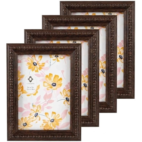 Concepts 5x7 Picture Frames, Dark Brown Ornate Vintage Photo Frames with HD Glass, Decorative Resin Frame for Wall Hanging or Tabletop Display ( set of 4 )