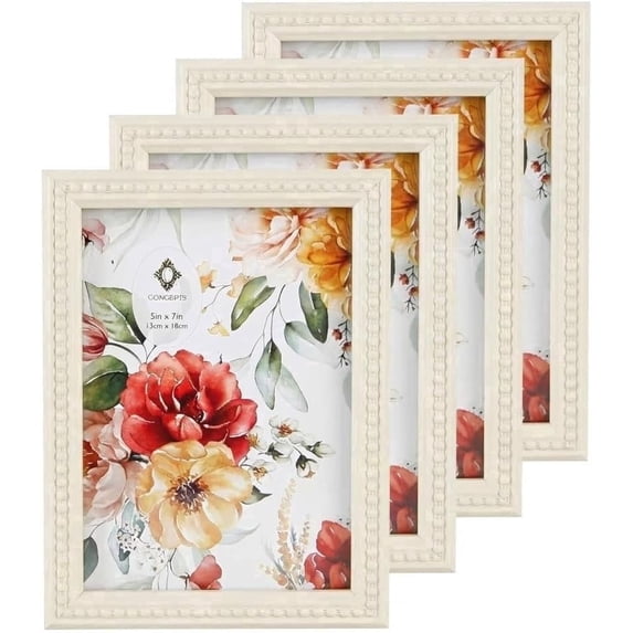 Concepts 5x7 Picture Frames, Off White Ornate Beaded Resin Photo Frames with HD Glass (Set of 4)