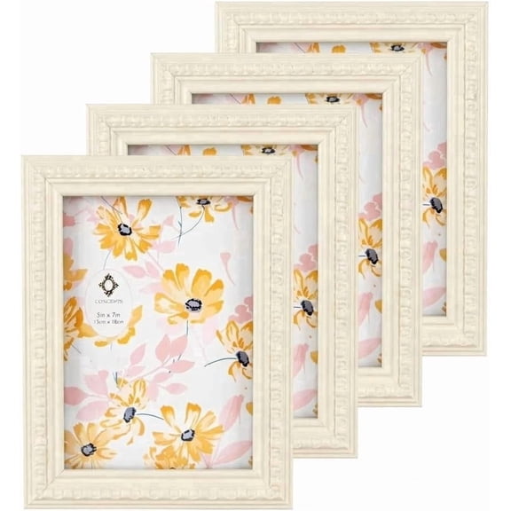Concepts 5x7 Picture Frames, Off White Ornate Vintage Resin Photo Frames with HD Glass ( set of 4 )