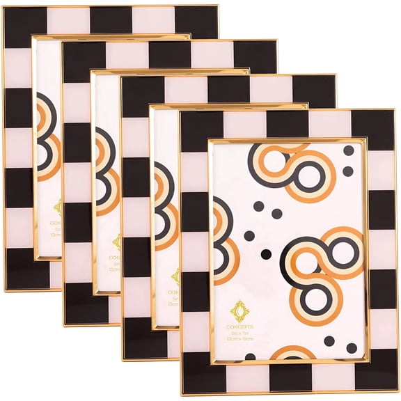 Concepts 8x10 Picture Frame – Black & White Checkered Retro Design with Gold Border, Enameled Finish, and HD Clear Glass. Durable frame for wall mounting or tabletop display, ( Pack of 4 )