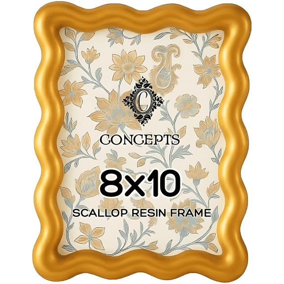 Concepts 8x10 Gold Picture Frame Scallop Resin with Tempered Glass – Decorative Photo Frame for Tabletop or Wall Display, Home Décor Family Picture Frames