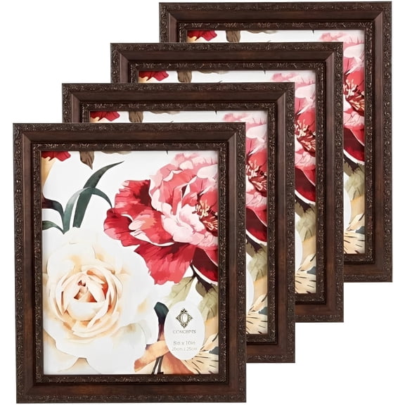 Concepts 8x10 Picture Frames, Dark Brown Ornate Flower Beveled Resin Photo Frames with HD Clear Glass (Set of 4)