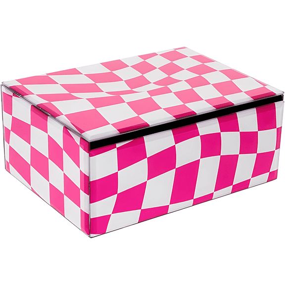 Concepts 8x6 Inch Decorative Storage Box with Lid Mirror Glass MDF Keepsake and Memory Box for Photos, Jewelry, Accessories, and Home Dcor Groovy Print Checkered Design