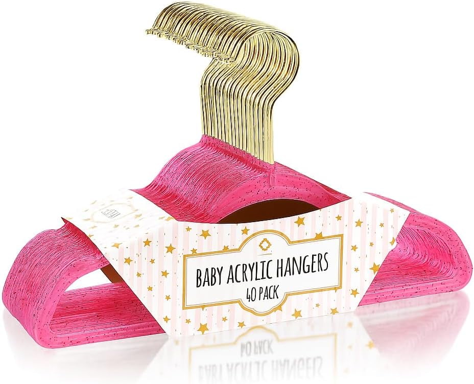 Concepts Baby Hangers, Hot Pink Acrylic Glitter Infant Hangers with Gold Hook - Space-Saving Clothes Hanger, 40-Pack
