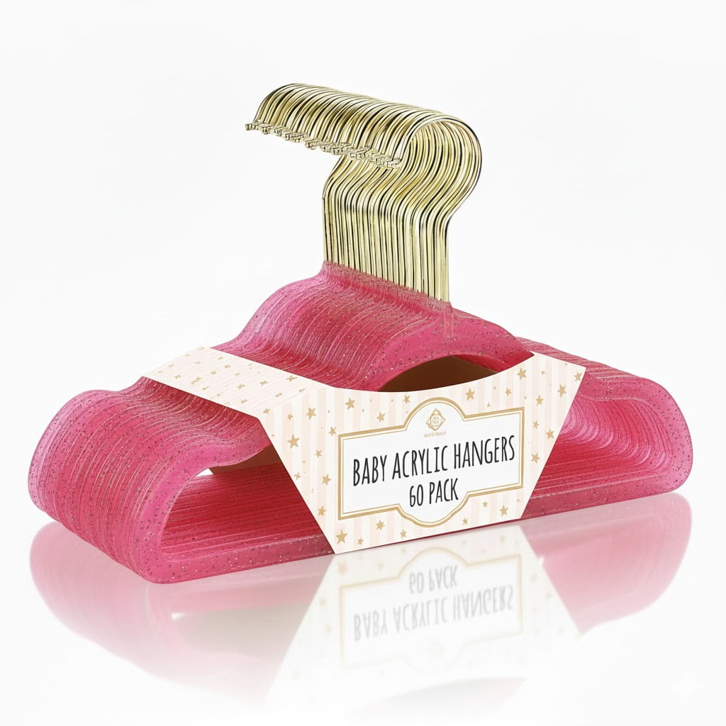 Concepts Baby Hangers, Hot Pink Acrylic Glitter Infant Hangers with Gold Hook - Space-Saving Clothes Hanger, 60-Pack