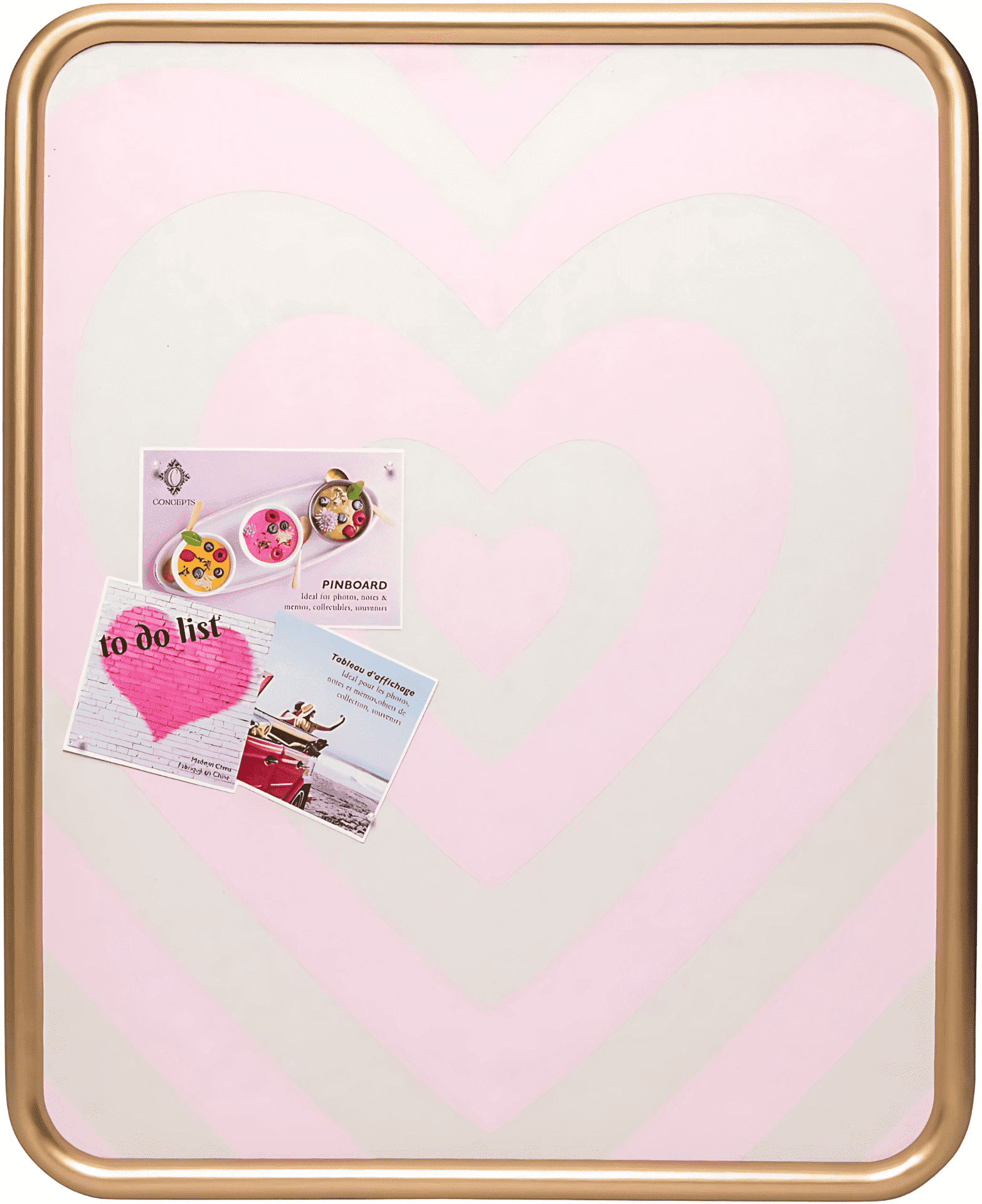 Concepts Decorative Fabric Pinboard, Framed Canvas Bulletin Board with Gold Frame, Wall Organizer, Cork Board for Bedroom, Dorm, Office — Hearts Print Canvas