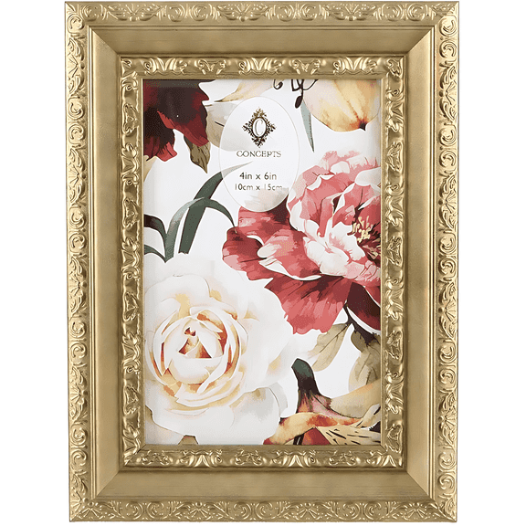 Concepts 4x6 Gold Picture Frame Ornate Flower Resin Photo Frame with HD Glass, Wall/Tabletop